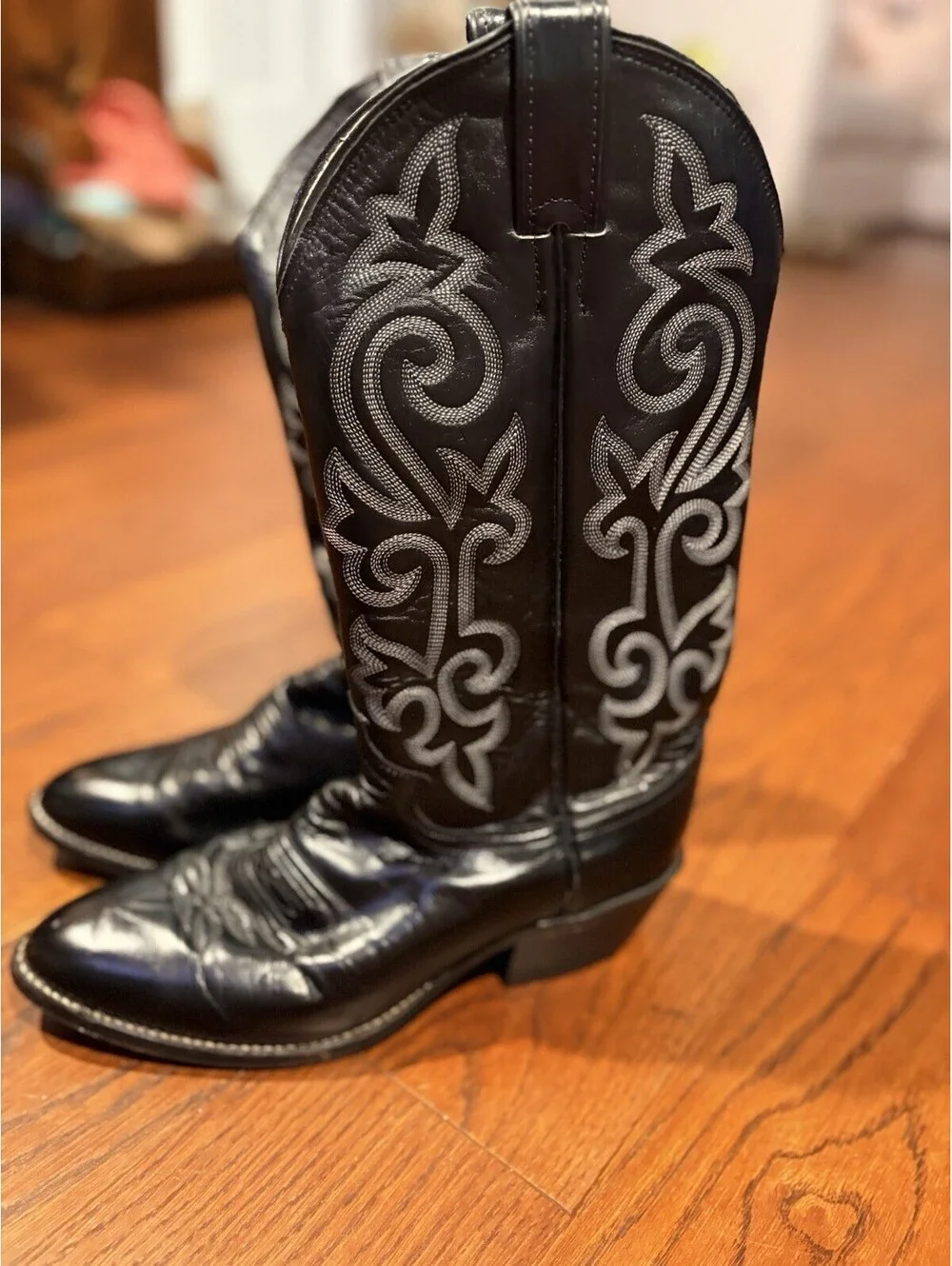 Justin Western Black Cowboy Boots Size 8D Style Code 1410 Leather Used Good